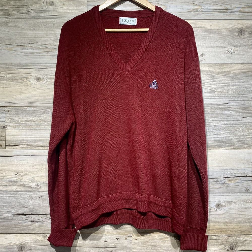 Vintage Izod Men’s XL Burgundy V-Neck Pullover Acrylic Sweater Crest Logo USA